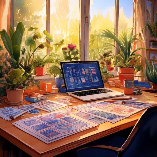 AI created image of a cozy creative workspace with digital projects open