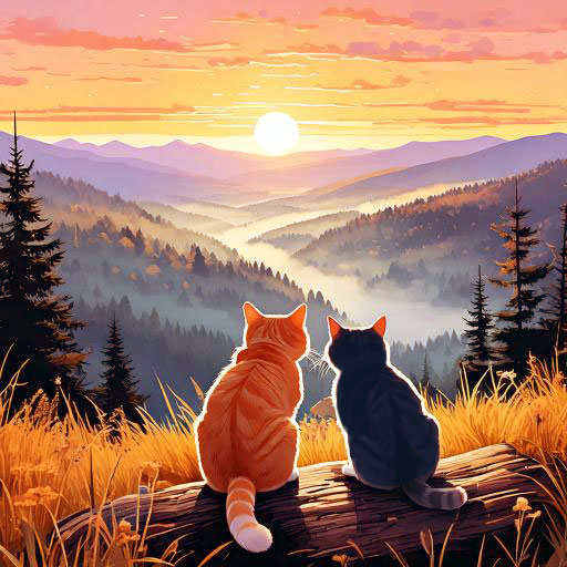 AI created image of two cats watching a sunset on Black Forest mountains